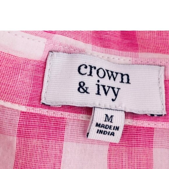 Crown & Ivy Medium Pink Gingham Button-Down Shirt Tunic Embroidered Flamingos - Picture 2 of 5